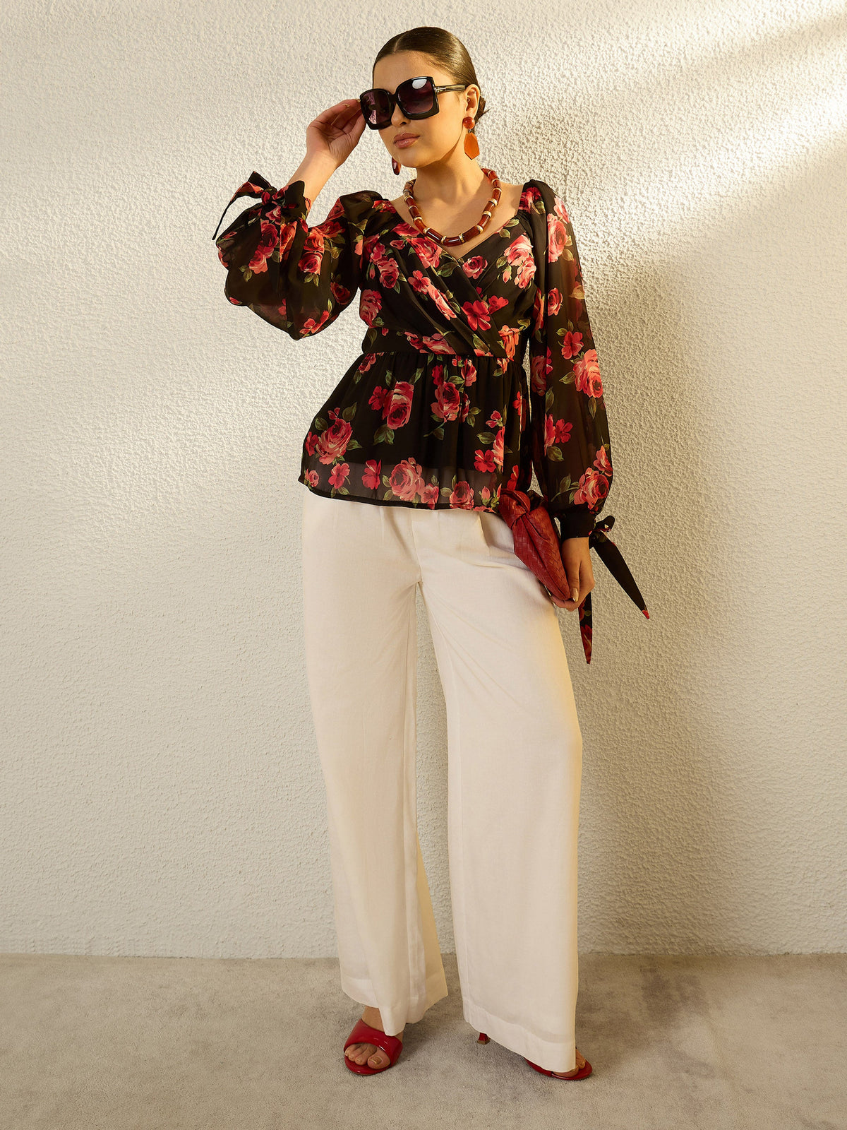Black Floral Sweetheart Neck Smocked Top-SASSAFRAS