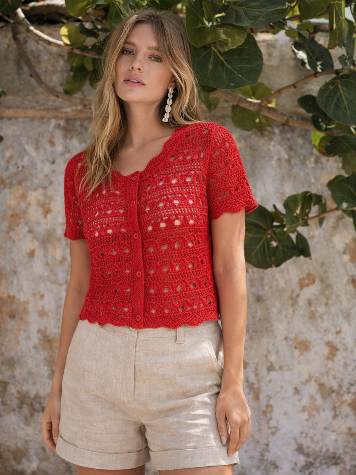 Red Round Neck Crochet Top-SASSAFRAS