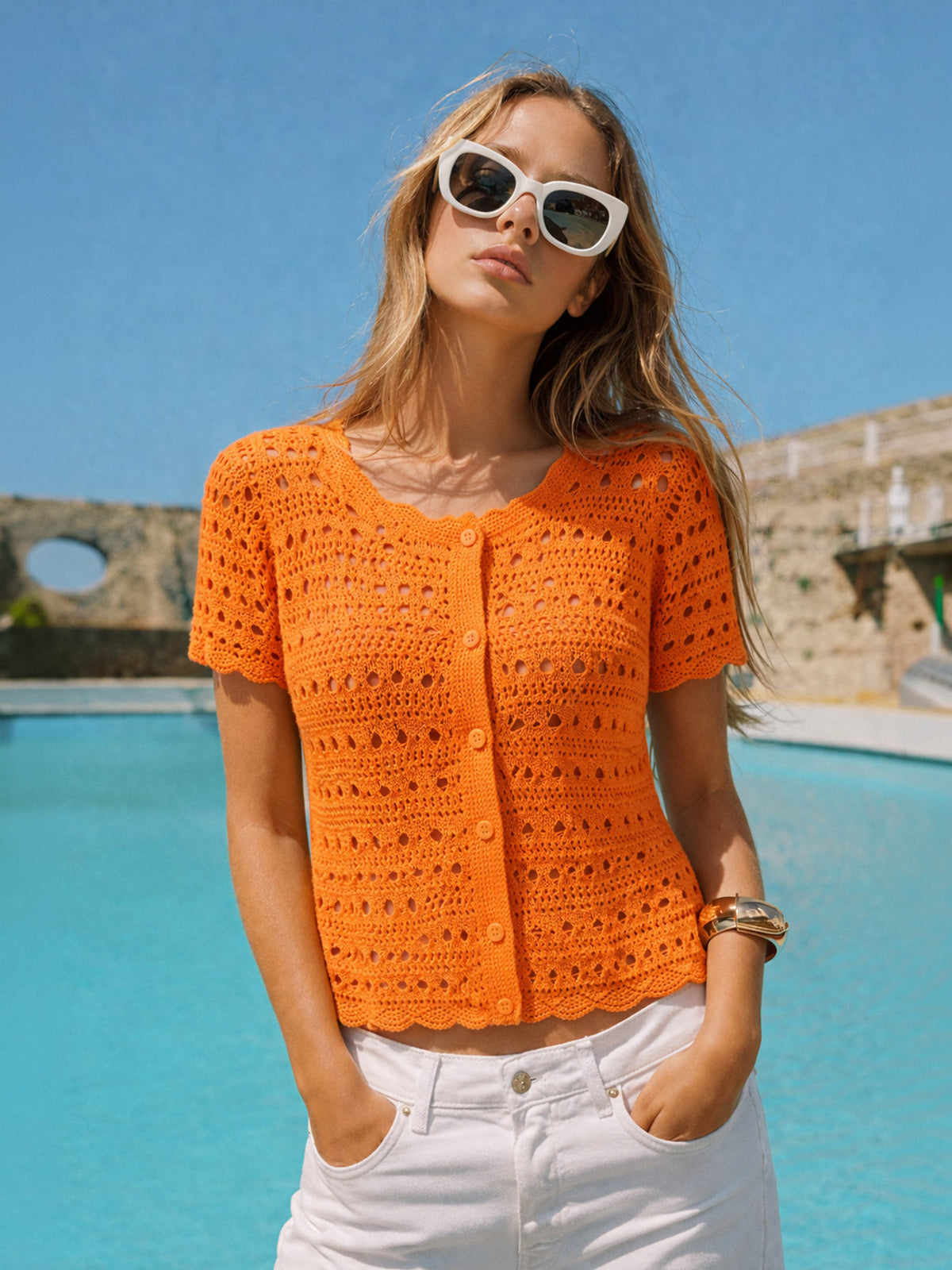 Women Orange Round Neck Crochet Top