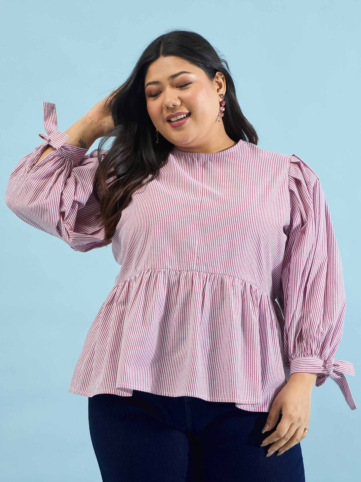 Maroon Stripes Sleeves Tie-Knot Peplum Top -SASSAFRAS Curve