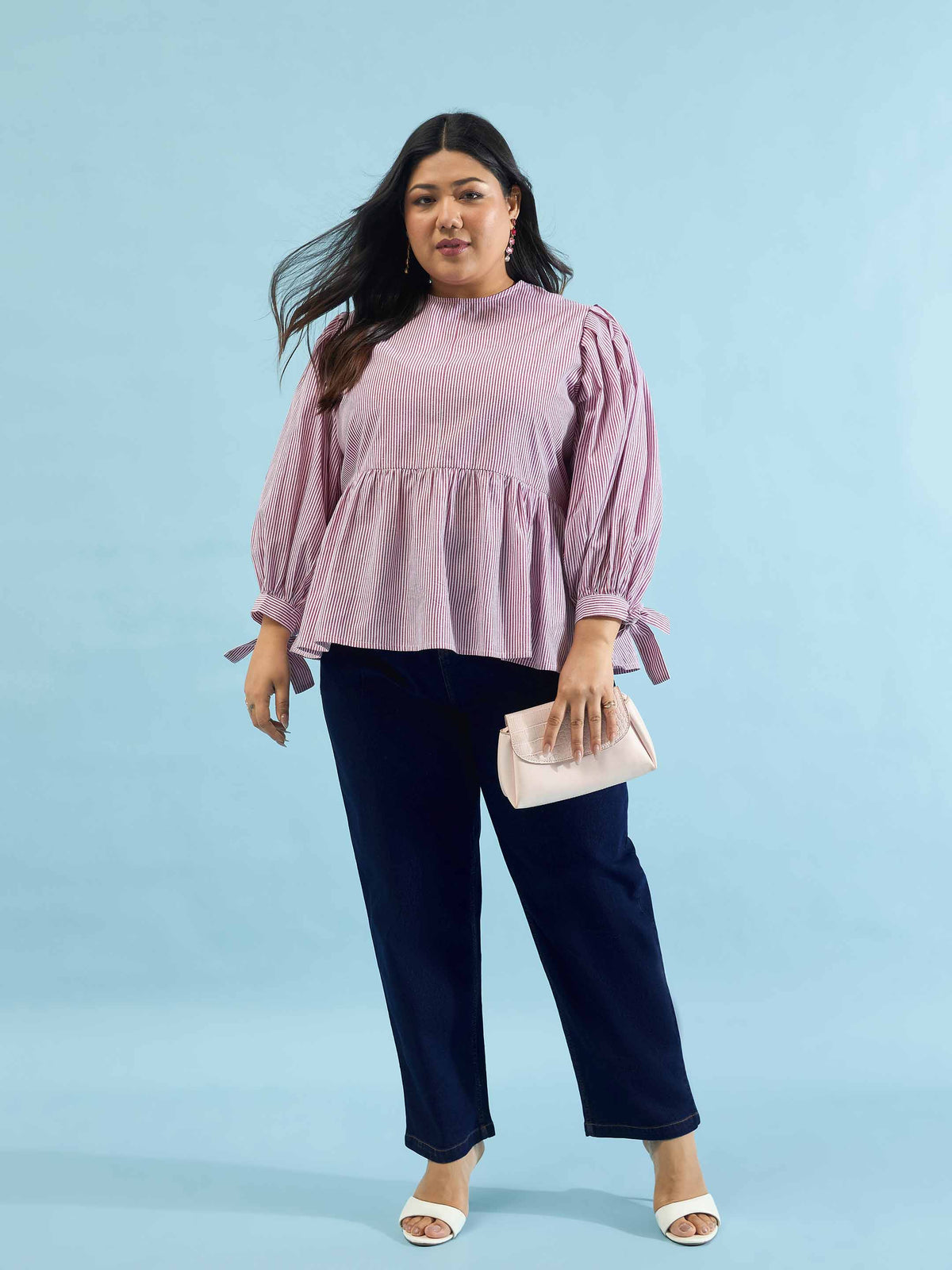 Maroon Stripes Sleeves Tie-Knot Peplum Top -SASSAFRAS Curve