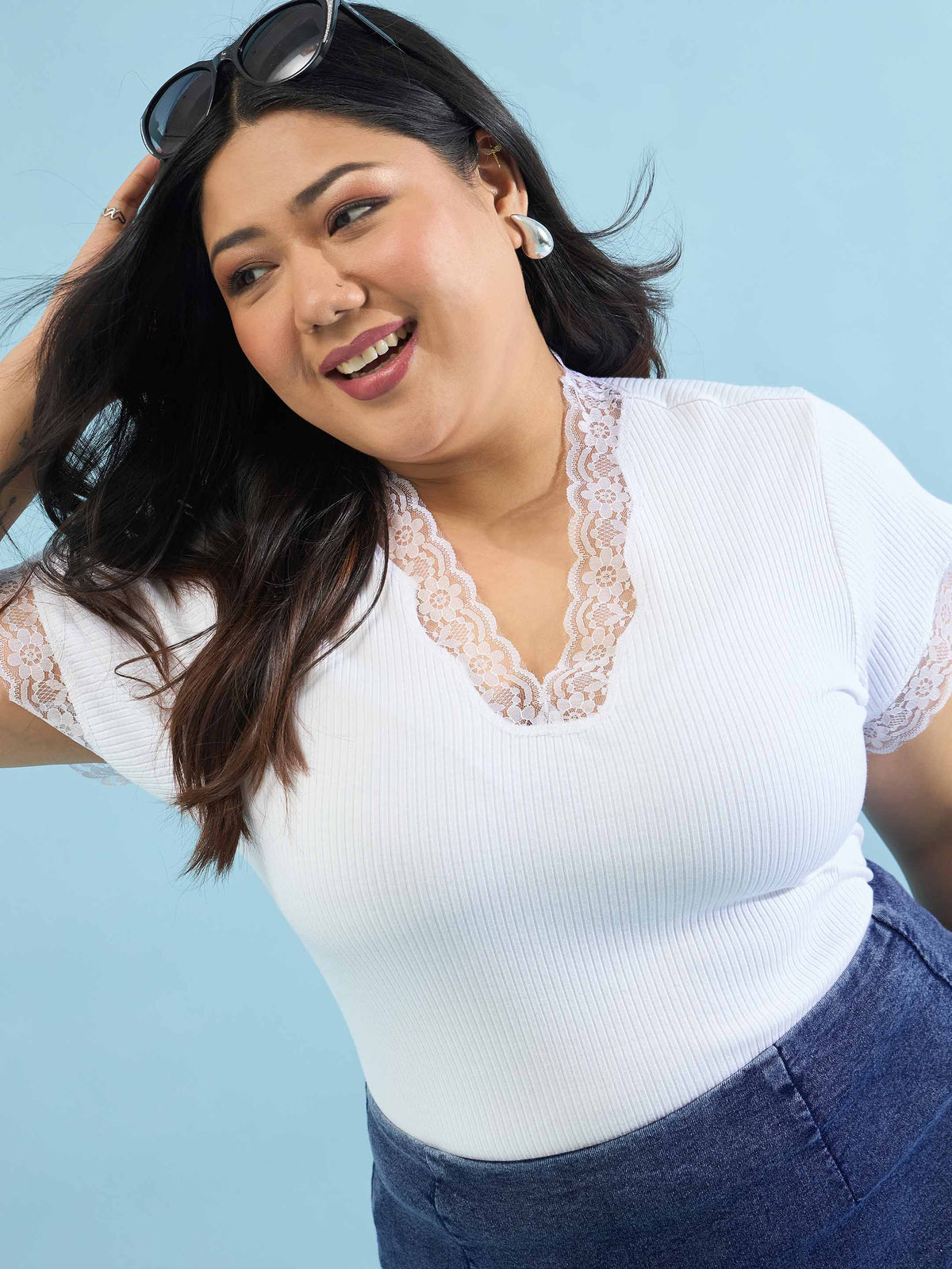 White Rib V Neck Lace Top-SASSAFRAS Curve