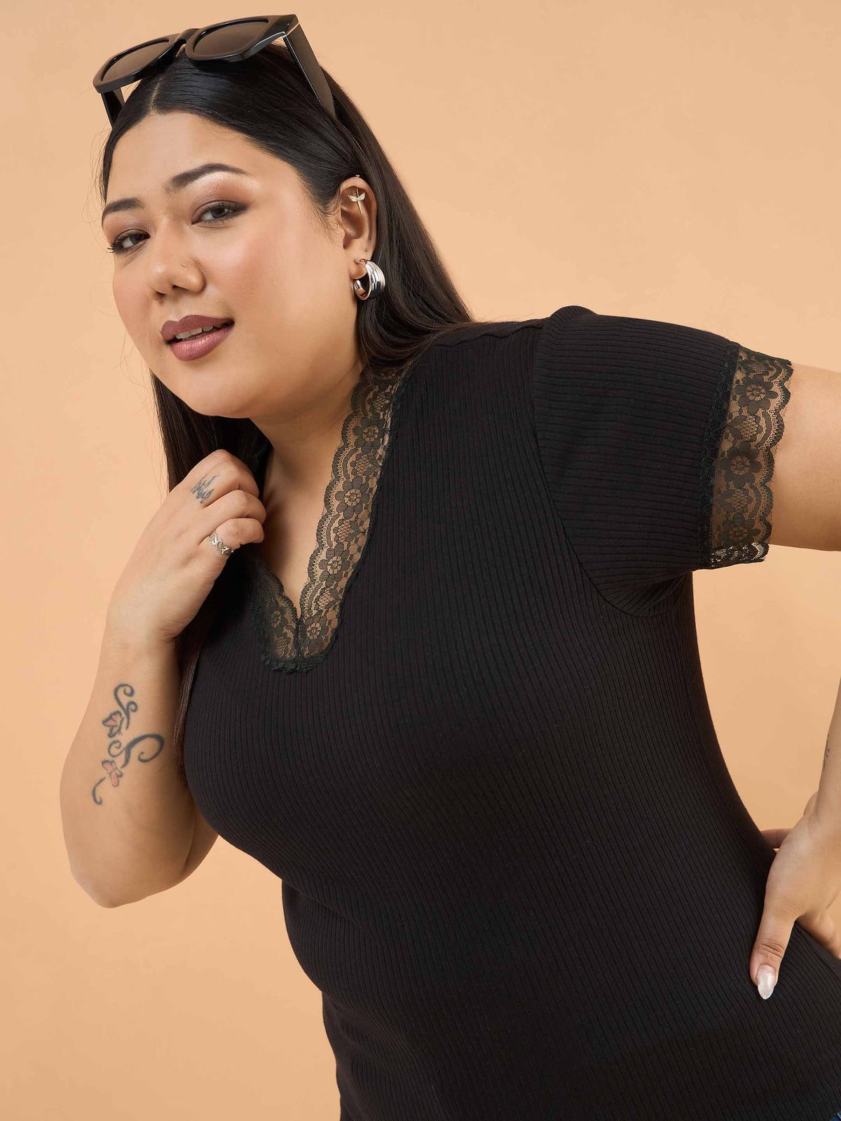 Black Rib V Neck Lace Top-SASSAFRAS Curve
