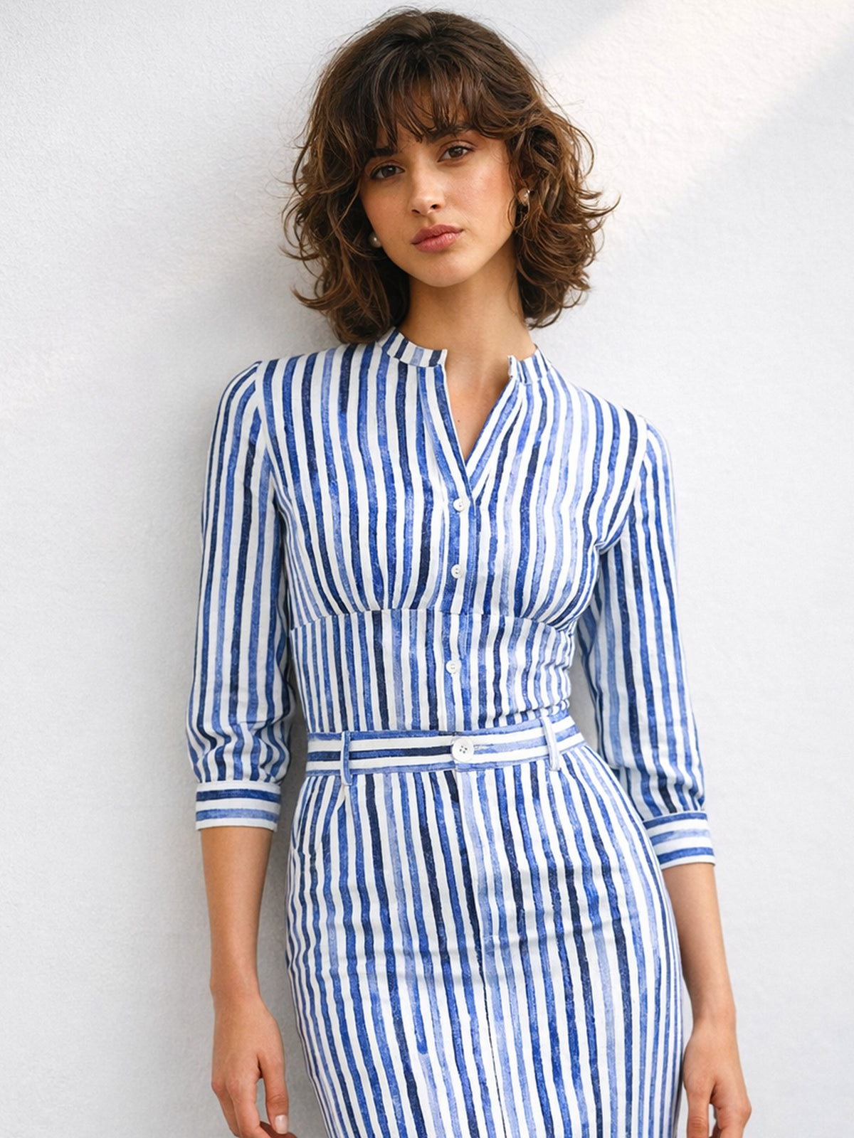 Blue Linen Striped V Neck Front Button Top-SASSAFRAS worklyf