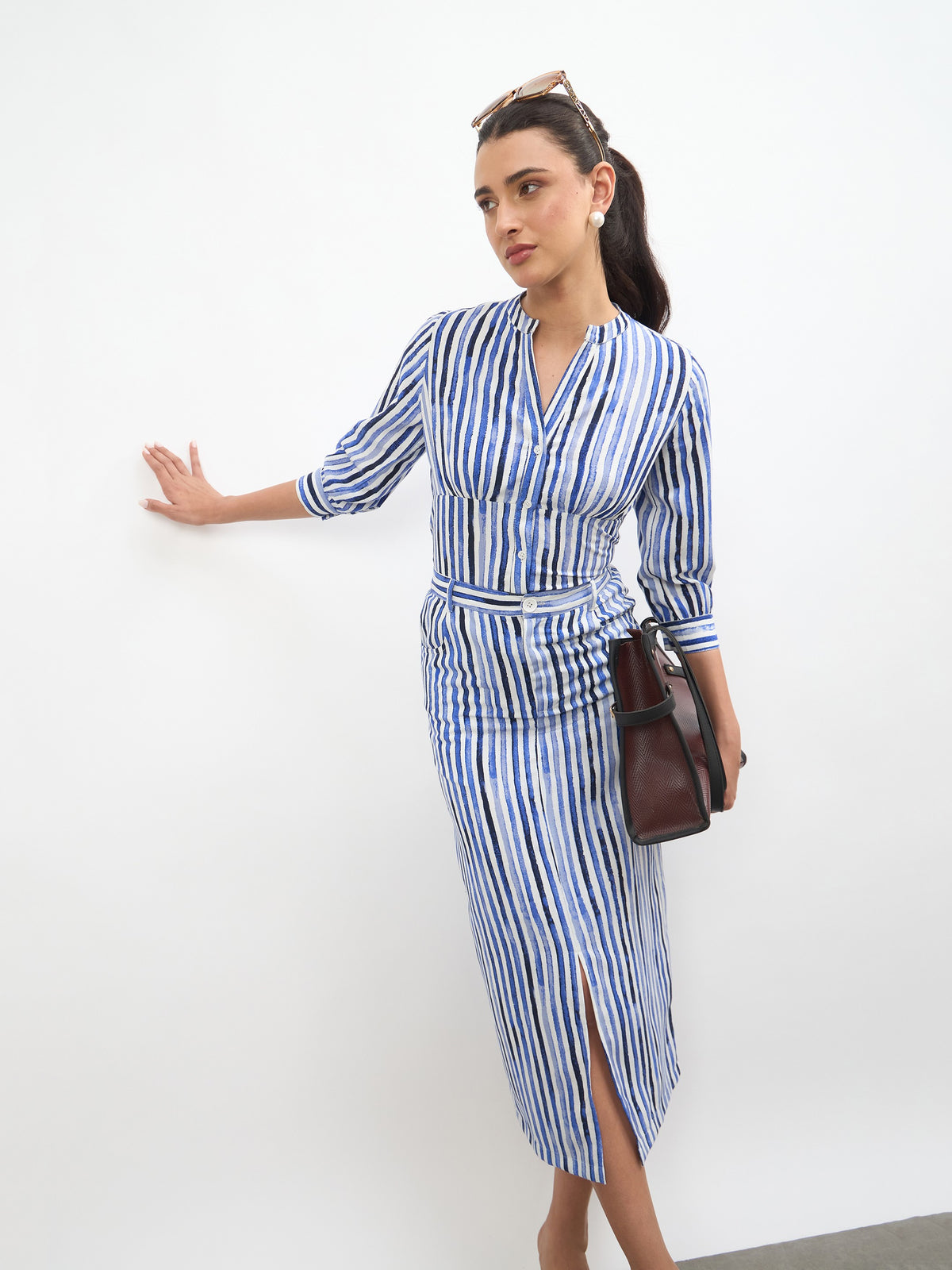 Blue Linen Striped V Neck Front Button Top-SASSAFRAS worklyf