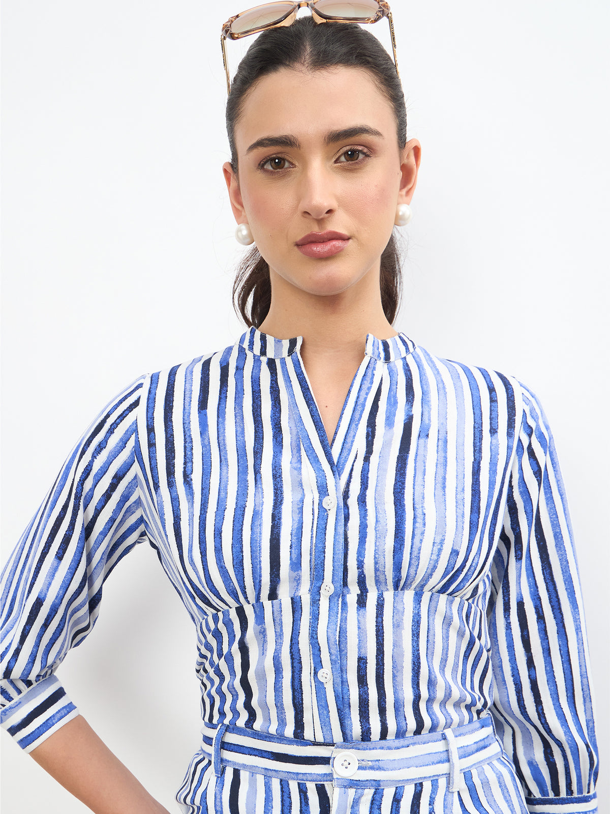 Blue Linen Striped V-Neck Button Top With A-Line Midi Skirt-SASSAFRAS worklyf