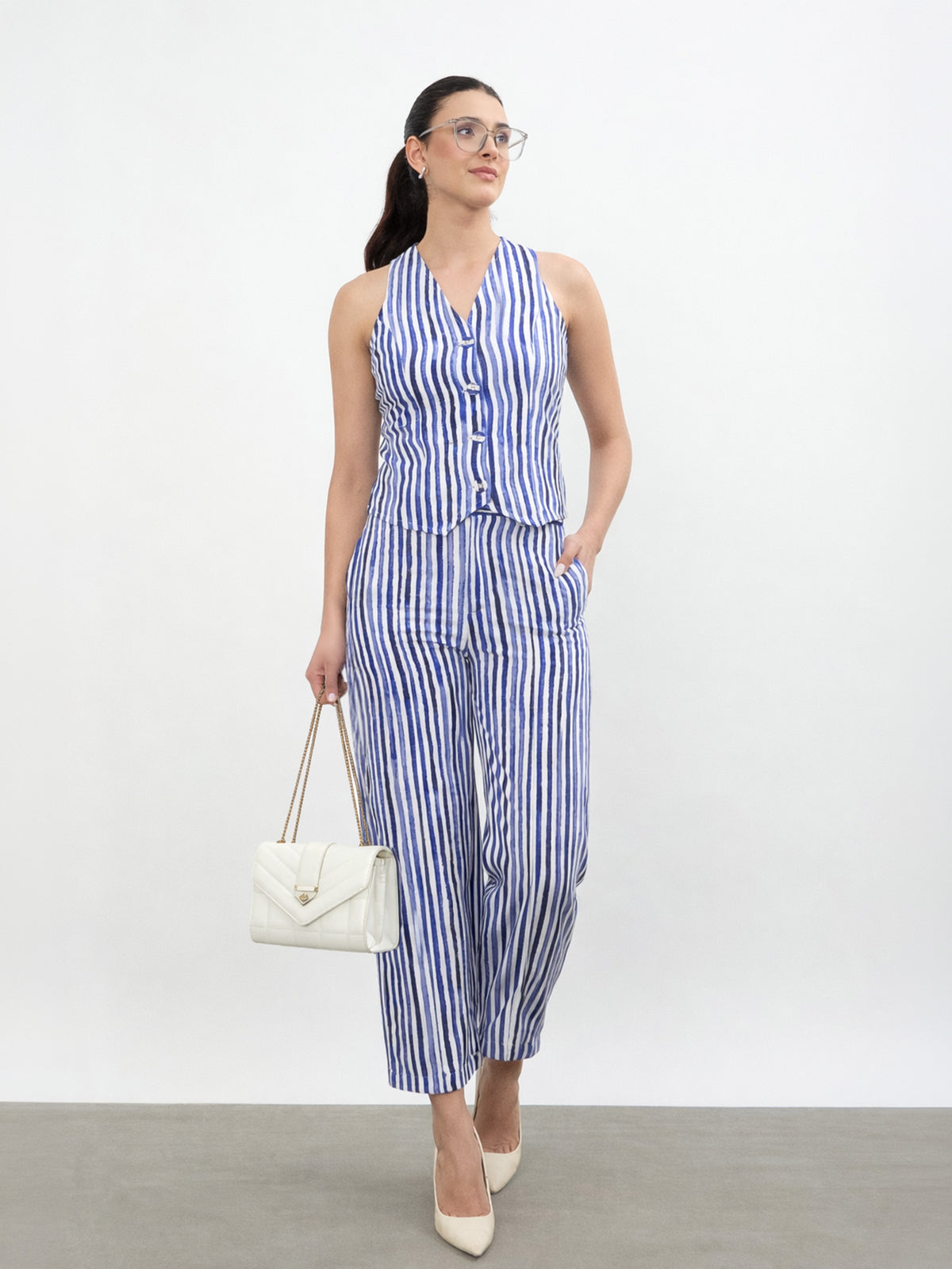 Blue Linen Striped V-Neck Vest Top With Slouchy Pants-SASSAFRAS worklyf