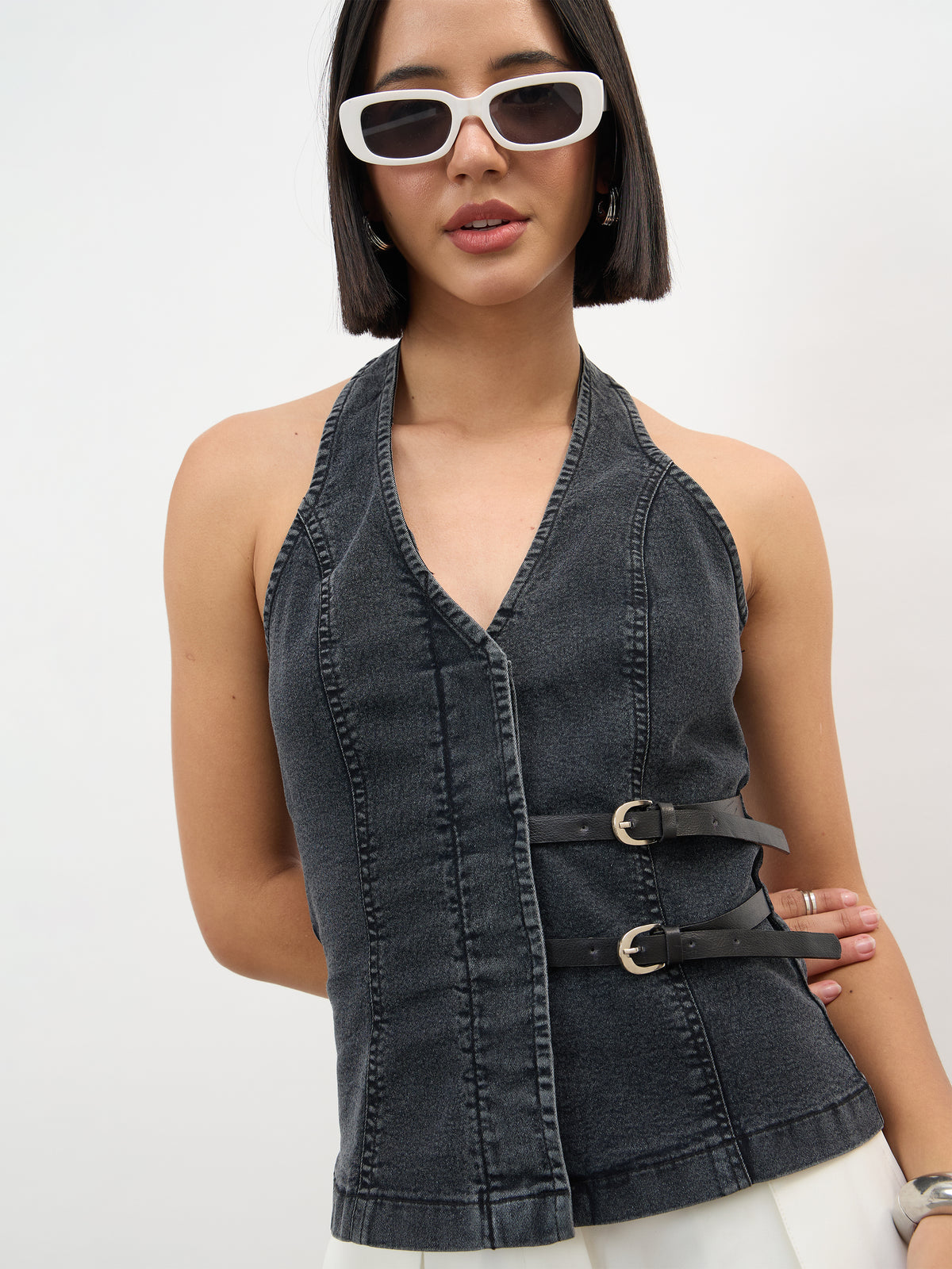 Black Wash Denim Halter Neck Top-SASSAFRAS