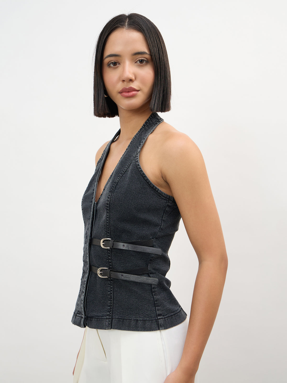 Black Wash Denim Halter Neck Top-SASSAFRAS