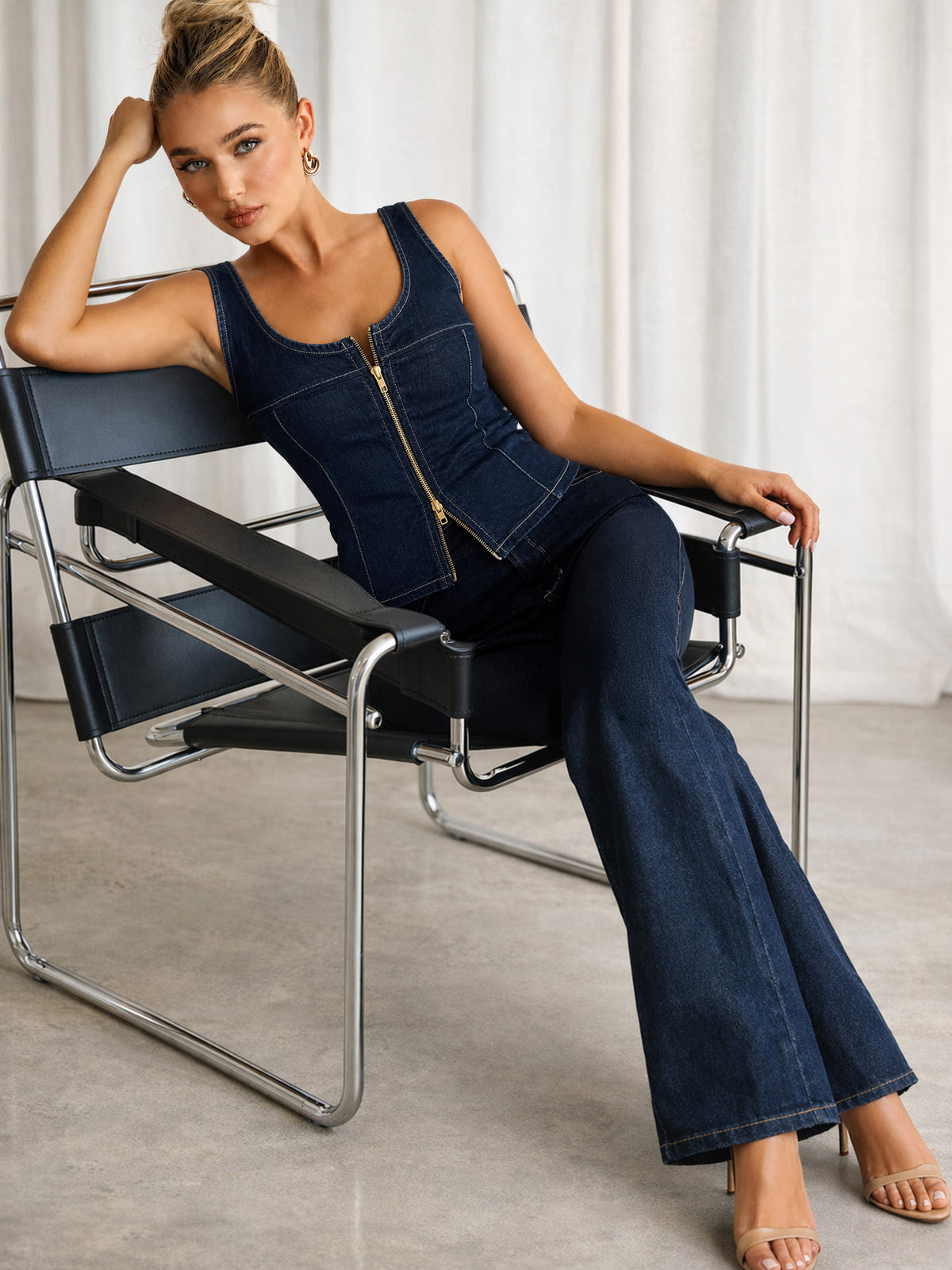 Navy Denim Front Zipper Vest Top-SASSAFRAS
