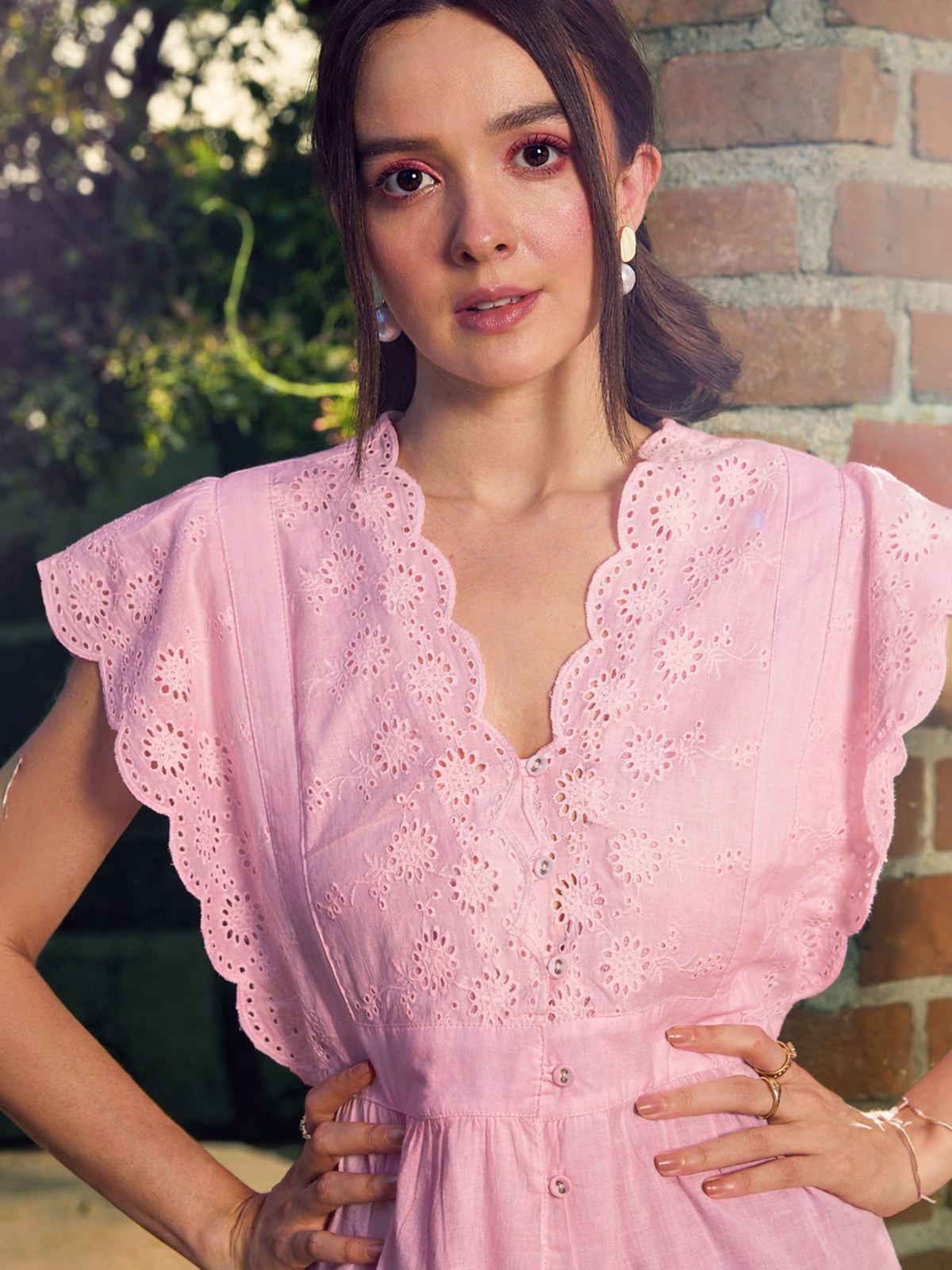 Pink Schiffli V-Neck Top-SASSAFRAS