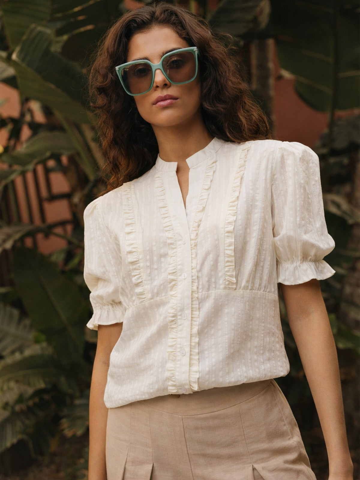 White Frill Placket Regular Top -SASSAFRAS