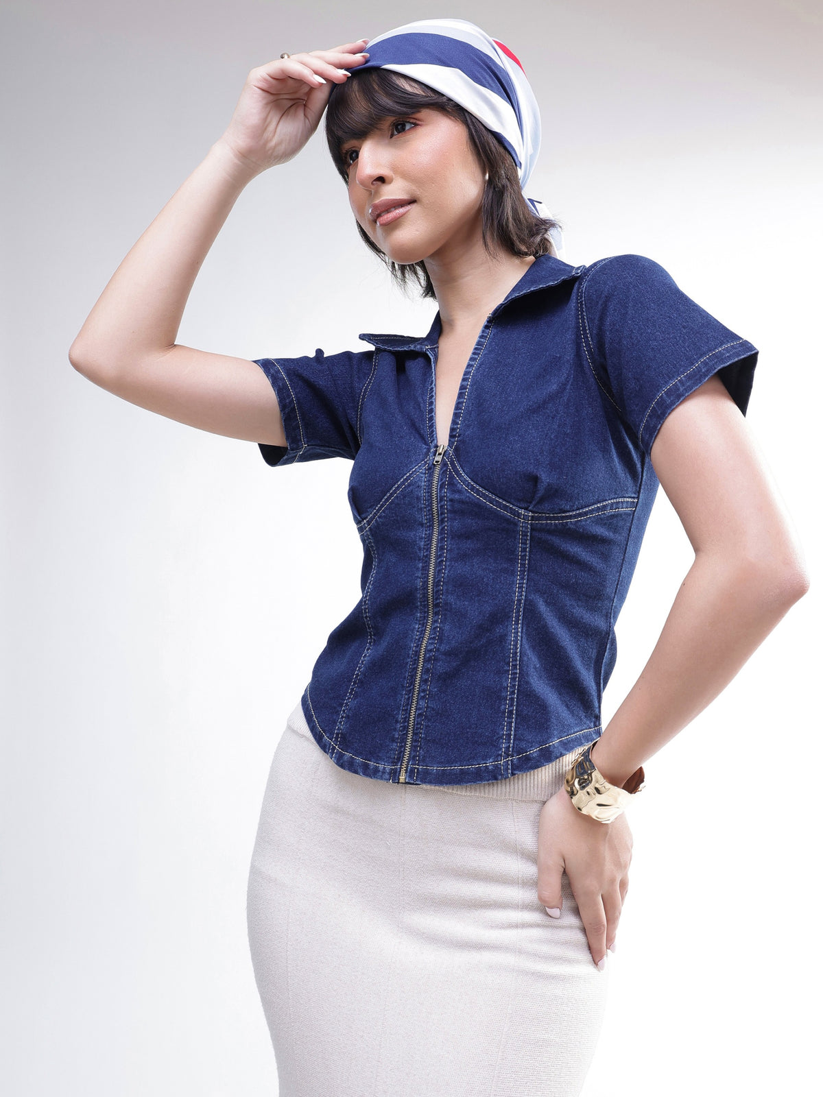 Navy V-Neck Front Zipper Top-SASSAFRAS