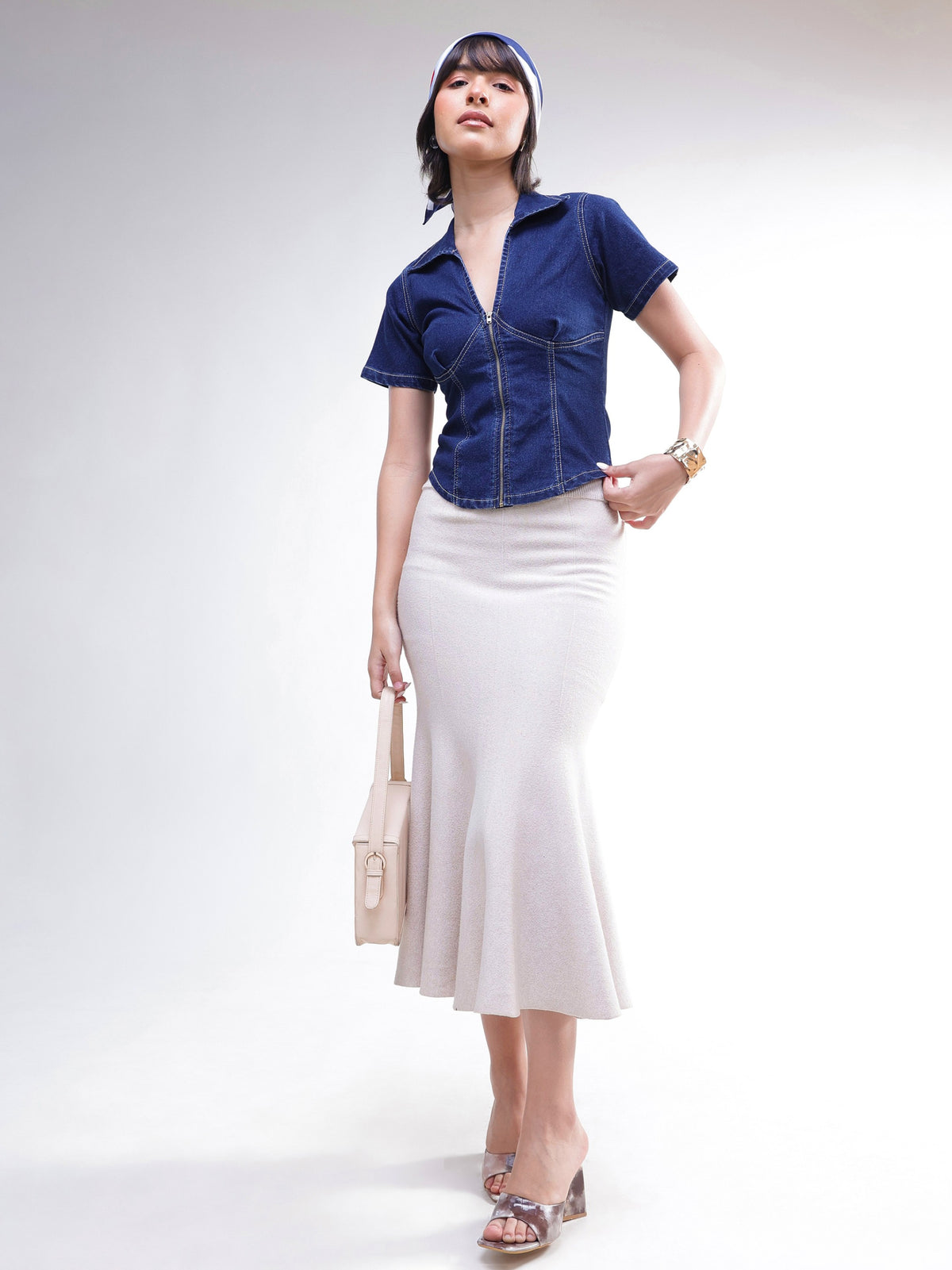 Navy V-Neck Front Zipper Top-SASSAFRAS