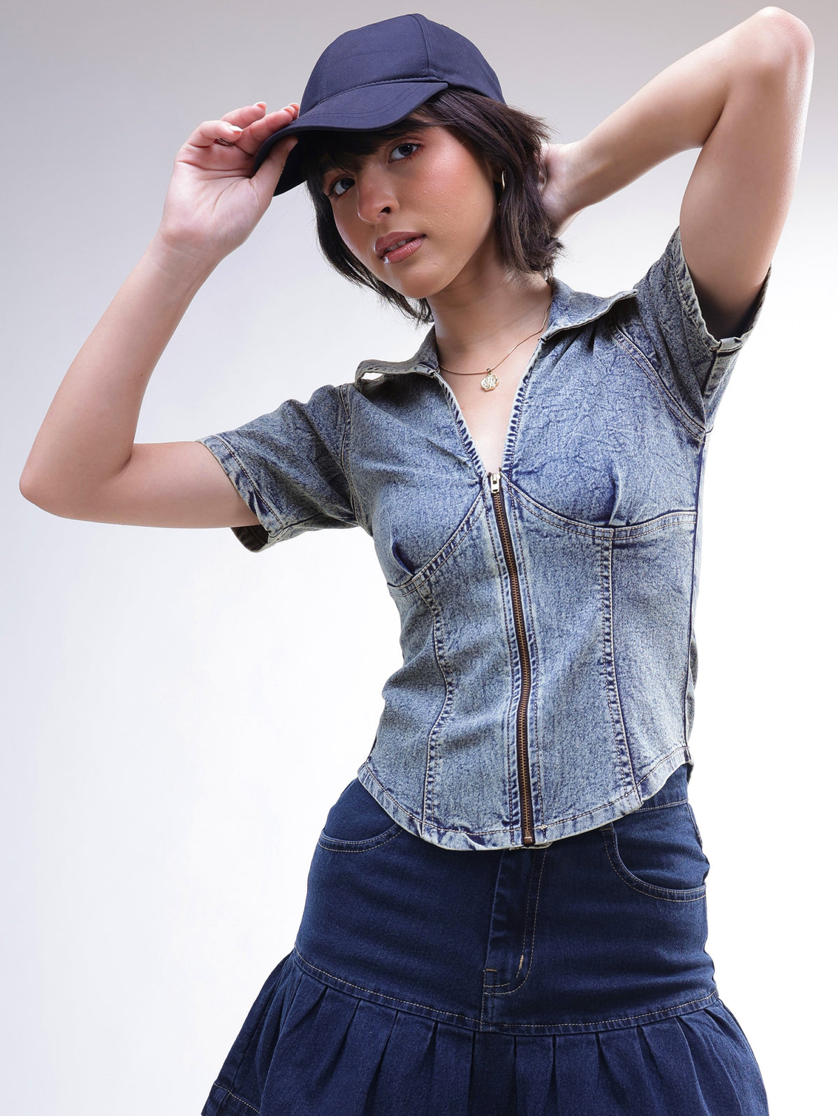 Blue Blast V-Neck Front Zipper Top-SASSAFRAS