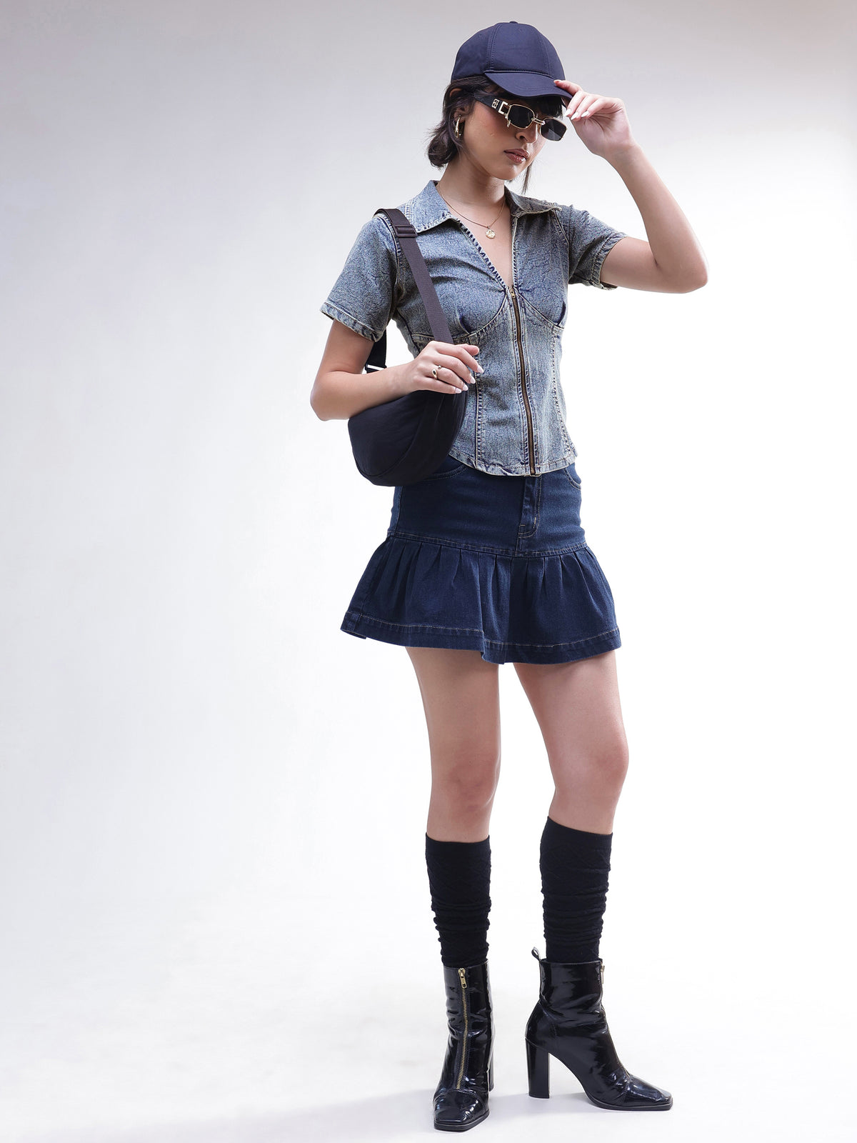 Blue Blast V-Neck Front Zipper Top-SASSAFRAS