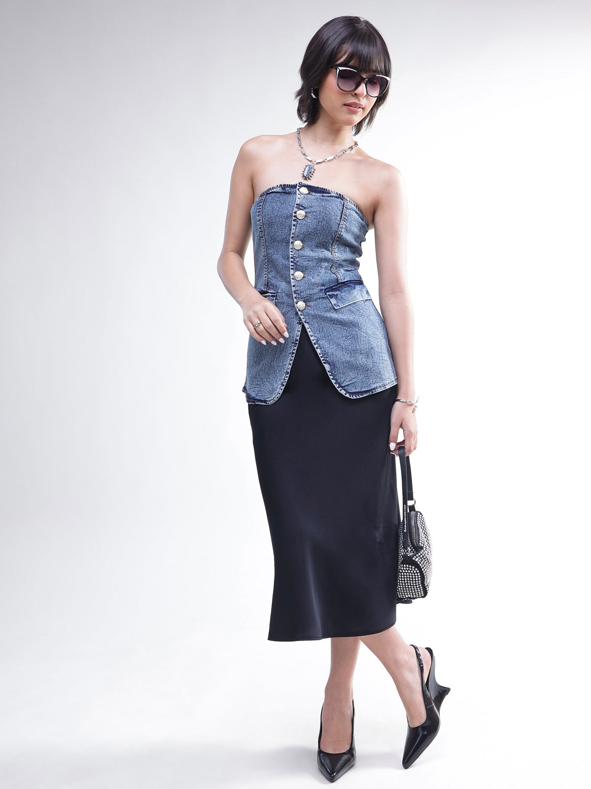 Blue Wash Denim Button Down Tube Top -SASSAFRAS