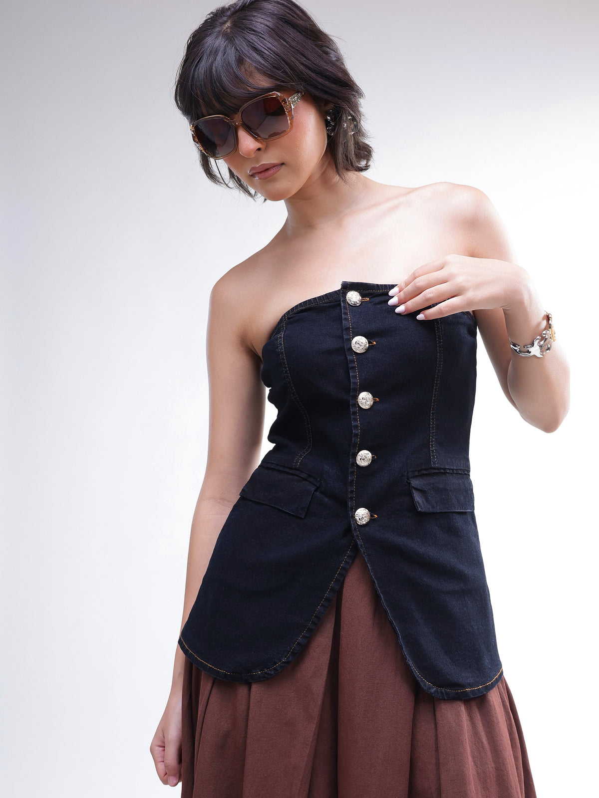 Black Denim Button Down Tube Top -SASSAFRAS