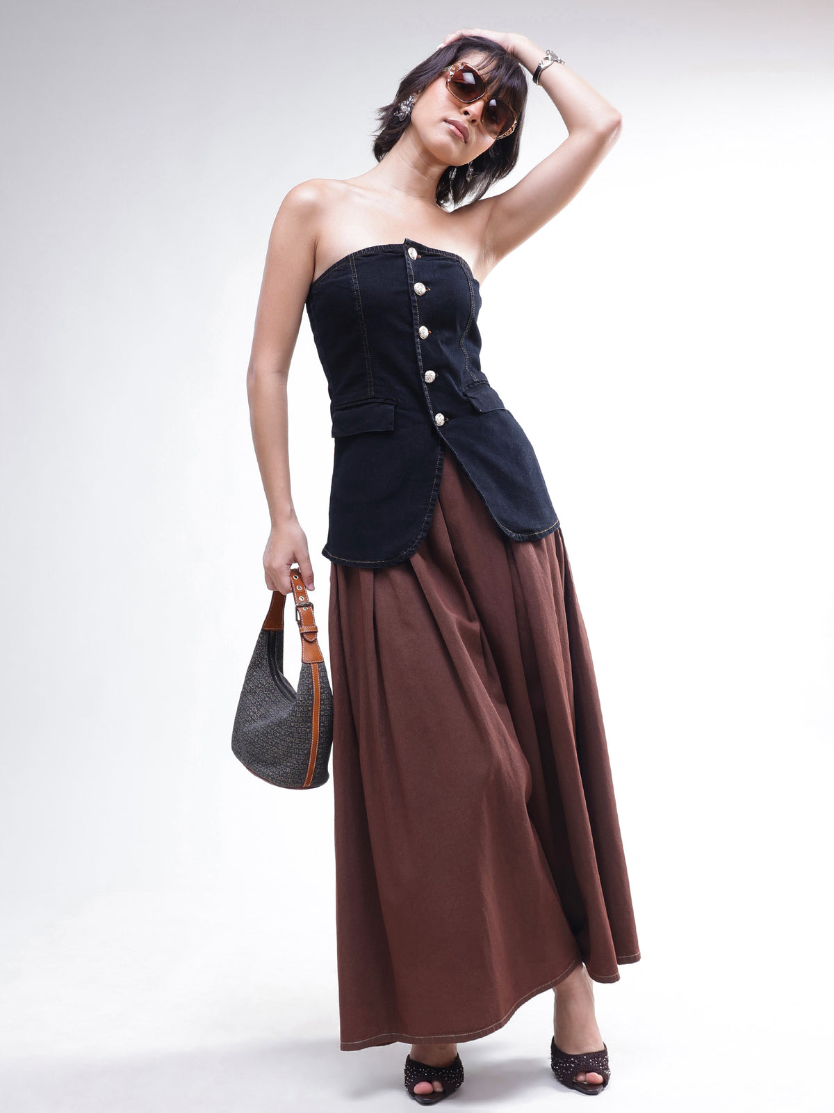 Black Denim Button Down Tube Top -SASSAFRAS