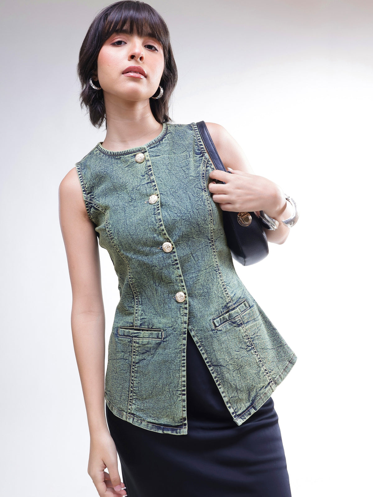 Green Washed Denim Sleeveless Waistcoat -SASSAFRAS