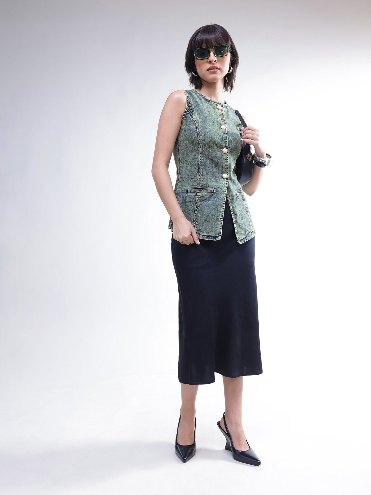 Green Washed Denim Sleeveless Waistcoat -SASSAFRAS