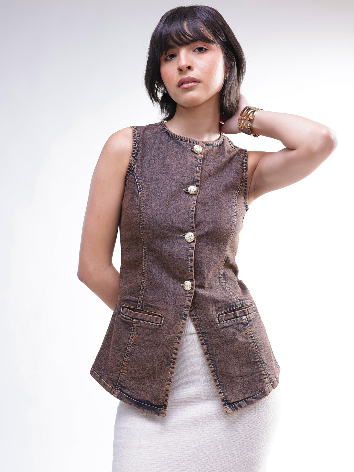 Brown Washed Denim Sleeveless Waistcoat-SASSAFRAS