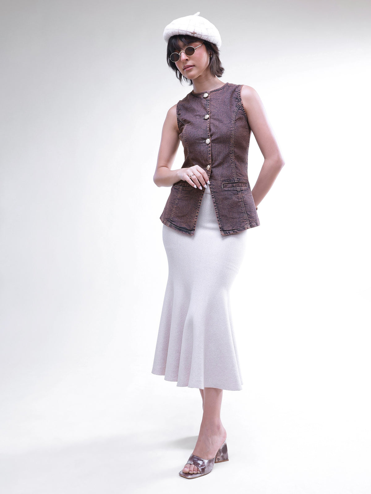 Brown Washed Denim Sleeveless Waistcoat-SASSAFRAS