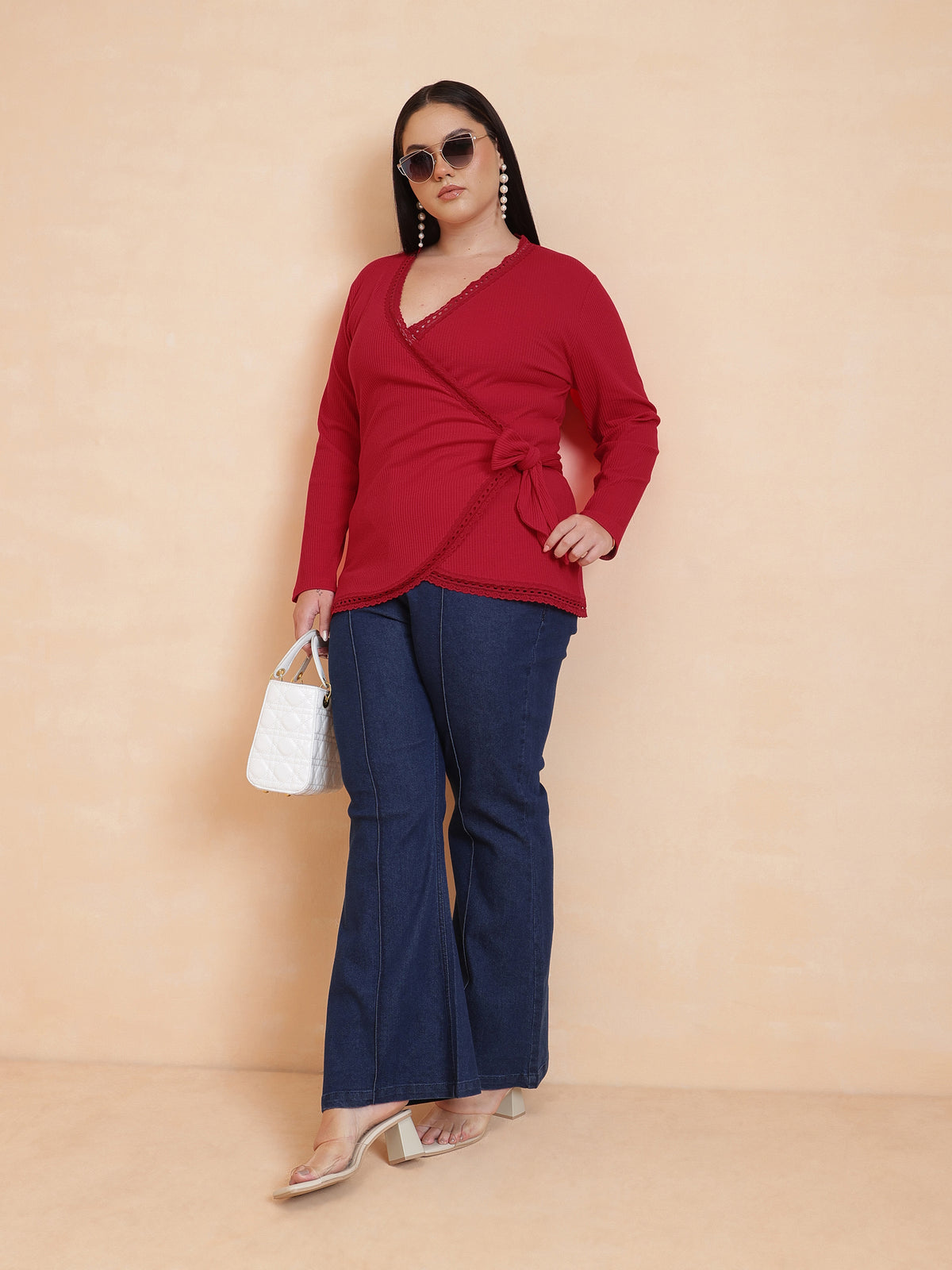 Red Rib Wrap Top-SASSAFRAS Curve