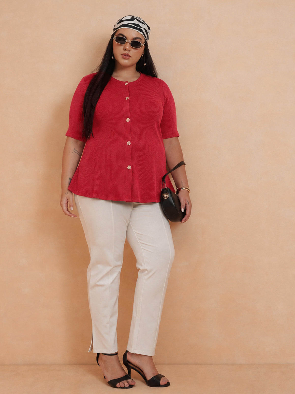 Red Rib Button Down Peplum Top -SASSAFRAS Curve