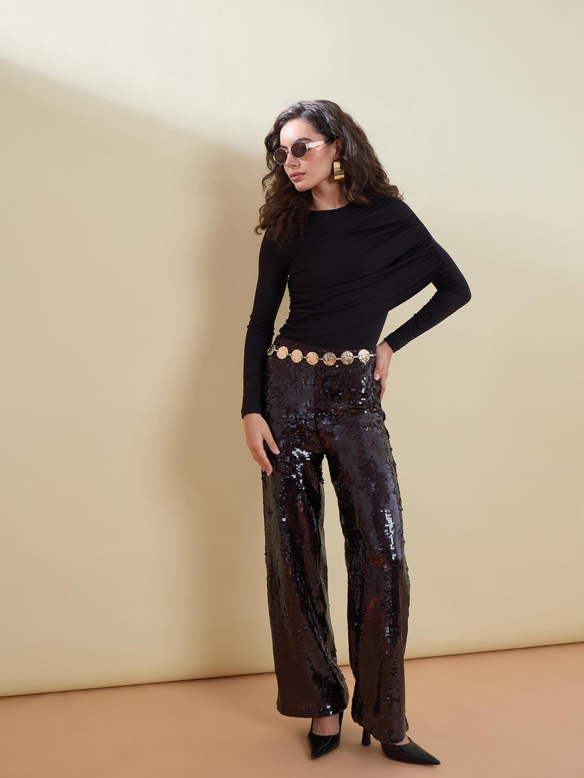 Black Full Sleeve Drape Bodysuit-SASSAFRAS