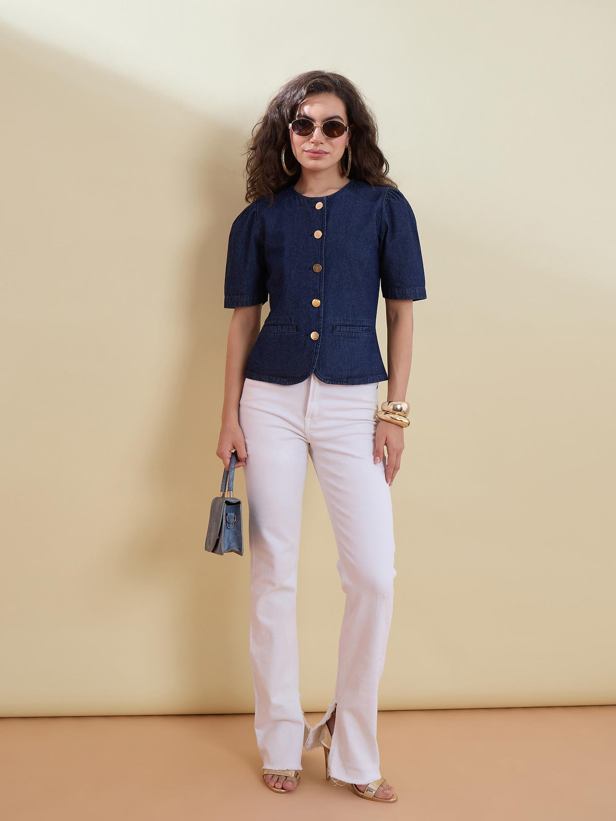 Navy Denim Button Front Top -SASSAFRAS