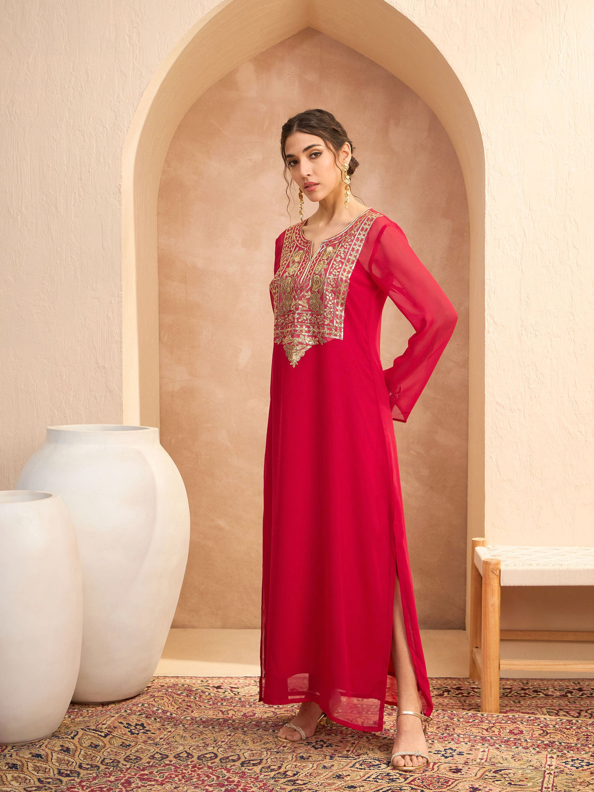 Red Embroidered Round Neck Abaya Dress-Shae by SASSAFRAS