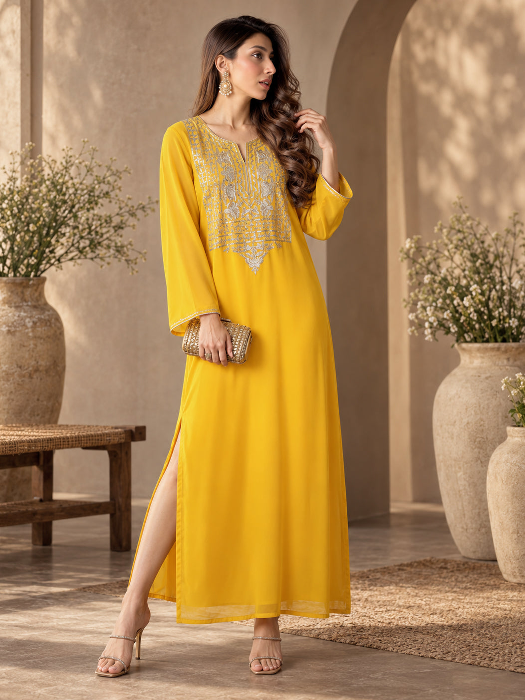 Yellow Embroidered Round Neck Abaya Dress-Shae by SASSAFRAS