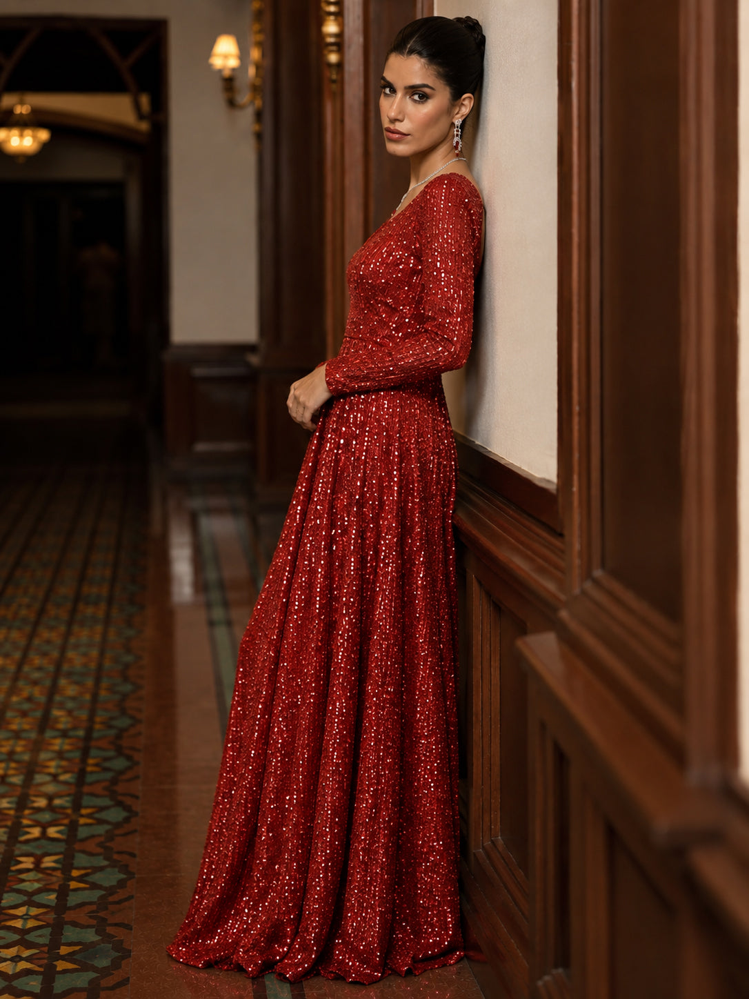 Red Sequence Sweetheart Neck Anarkali Dress-Shae by SASSAFRAS