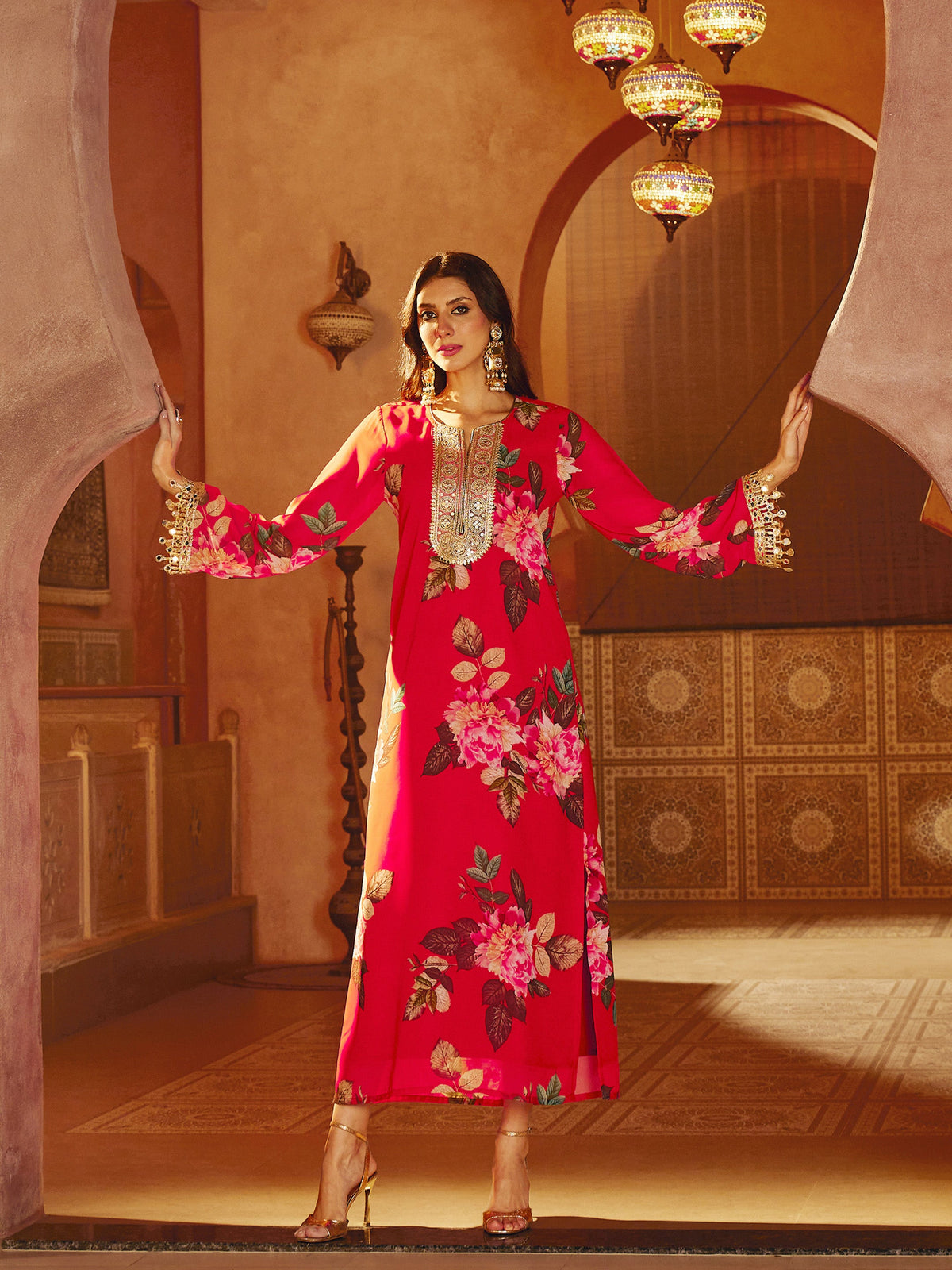 Red Floral Embroidered Neck Abaya Dress-Shae By SASSAFRAS