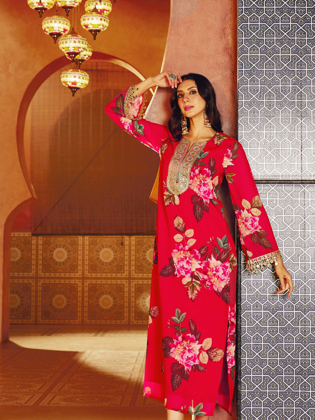 Red Floral Embroidered Neck Abaya Dress-Shae By SASSAFRAS