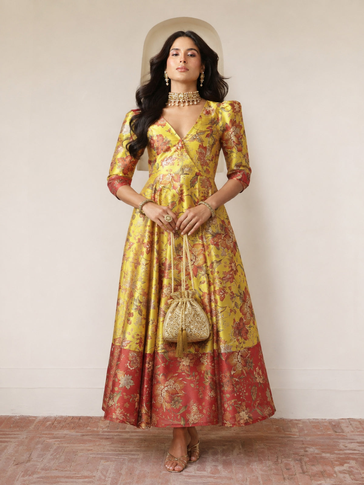 Yellow Floral Wrap Anarkali Maxi Dress-Shae by SASSAFRAS