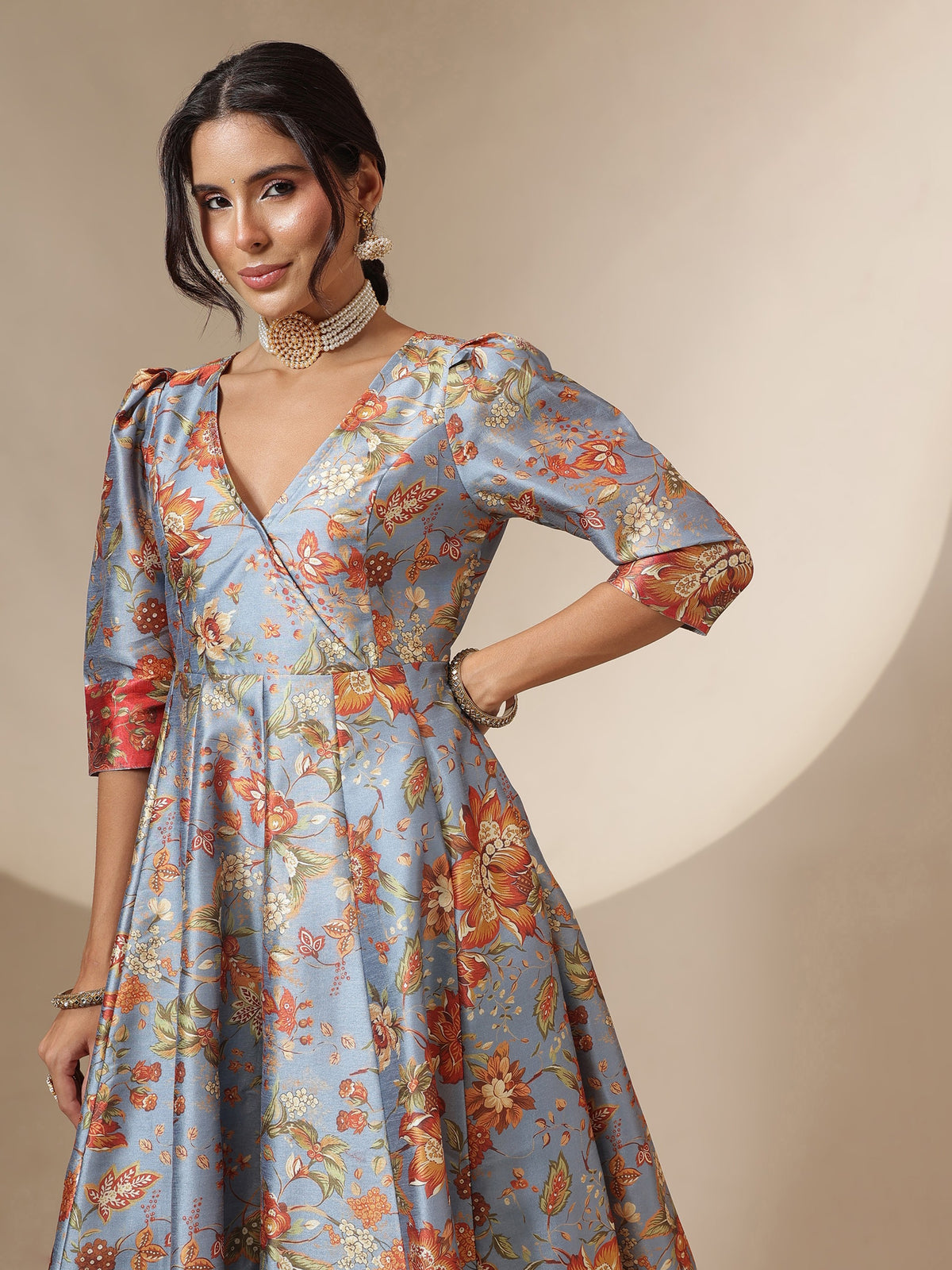 Grey Floral Wrap Anarkali Maxi Dress-Shae by SASSAFRAS
