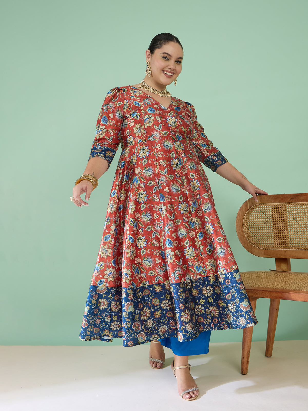 Orange Floral Short Sleeves Anarkali Maxi Dress-Shae by SASSAFRAS