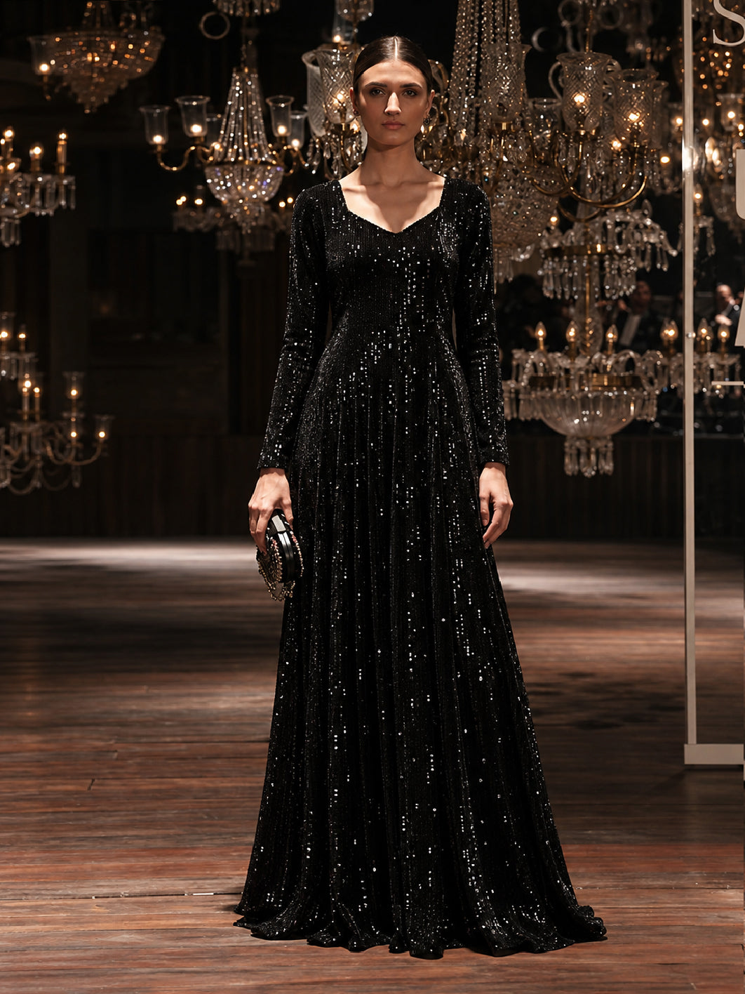 Black Sequins Sweetheart Neck Anarkali Kurta-Shae by SASSAFRAS