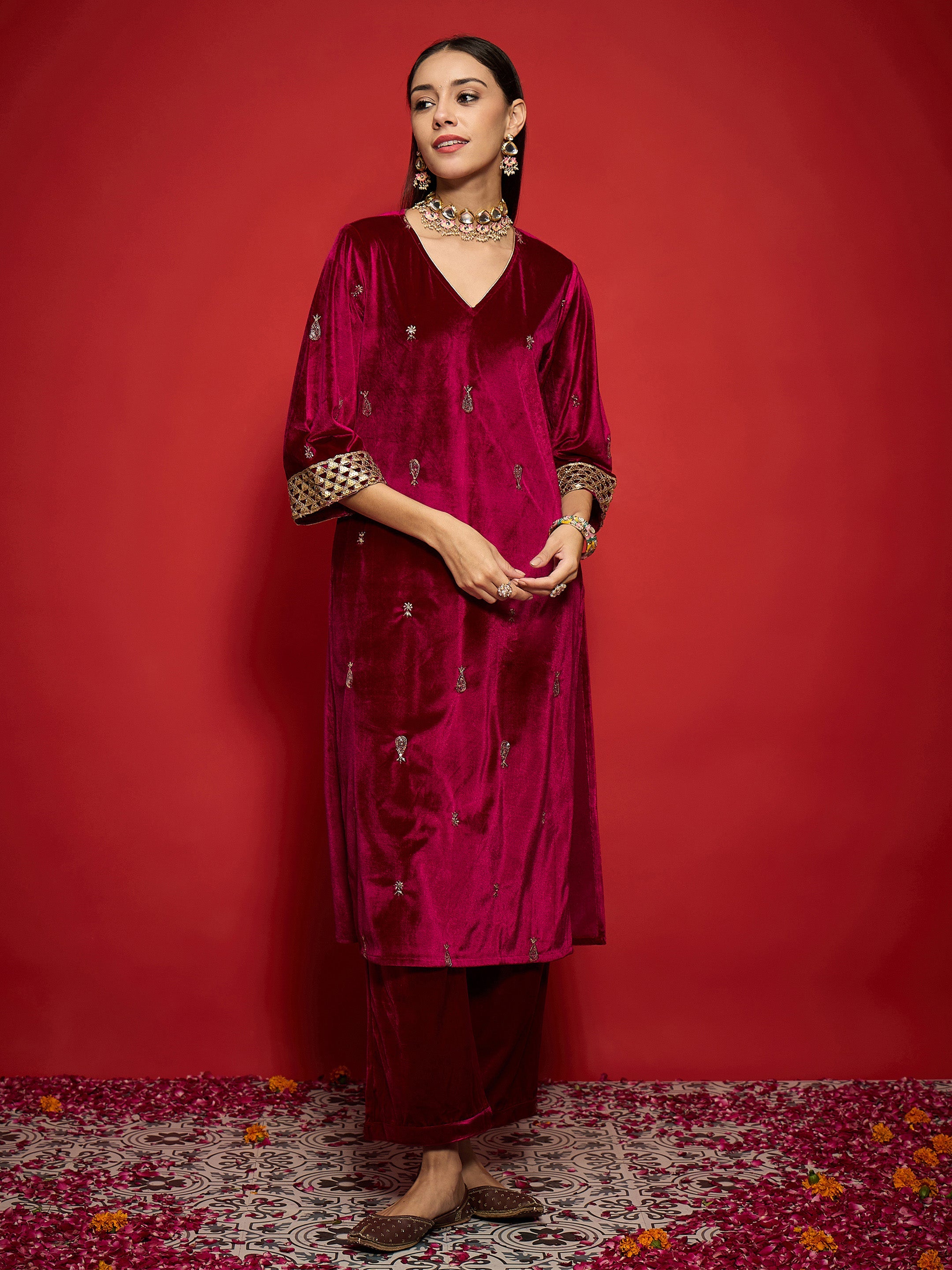 Women Fuchsia Velvet Embroidered Short Kurta With Dhoti Skirt