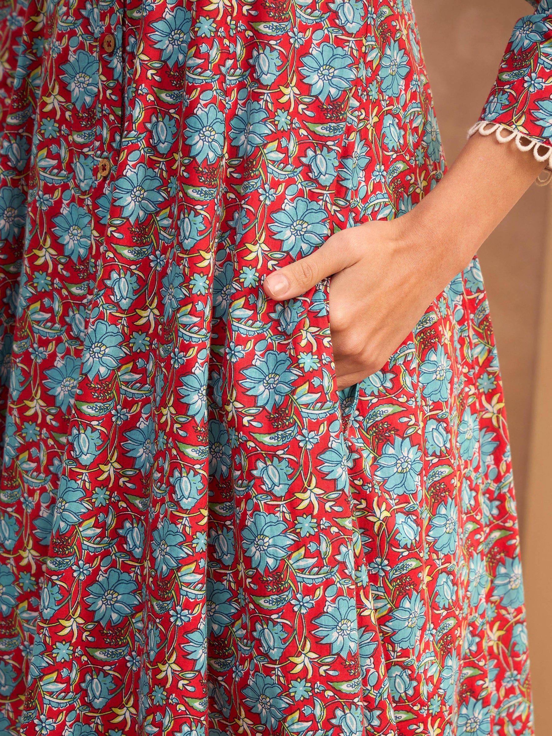 Red Floral Buttonned Pocket Kurta With Straight Pants -Shae by SASSAFRAS