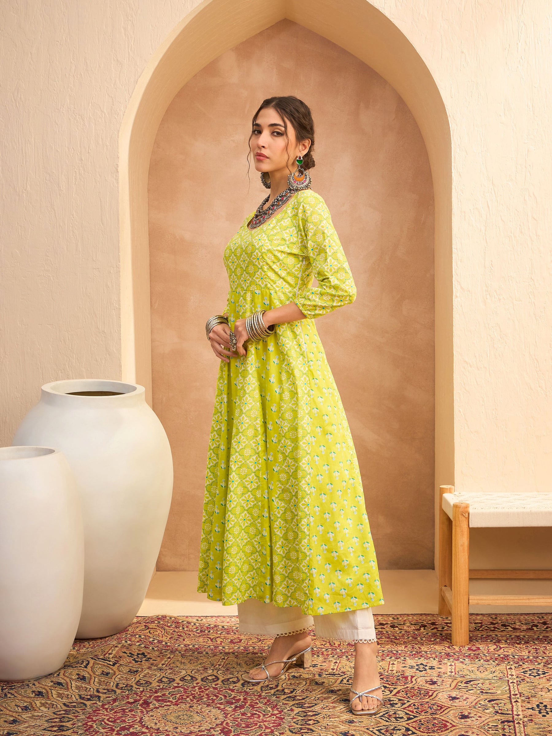 Lime Green Floral Anarkali Kurta With Straight Pants -Shae by SASSAFRAS