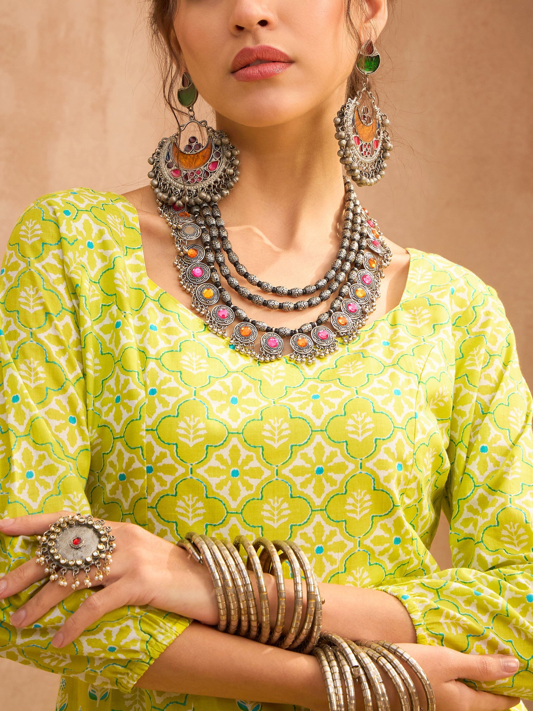 Lime Green Floral Anarkali Kurta With Straight Pants -Shae by SASSAFRAS