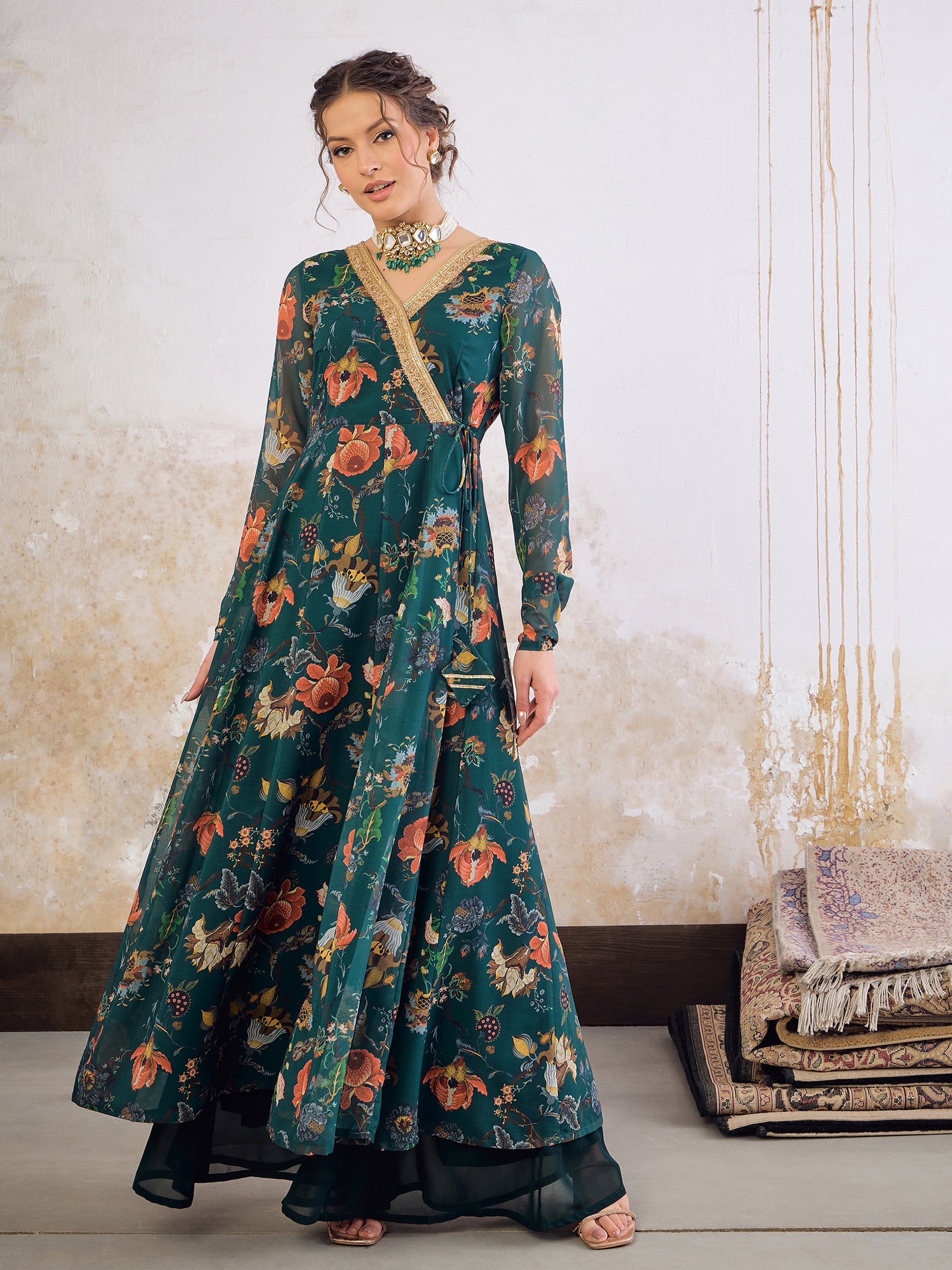 Green Floral Printed Anarkali Kurta Pant Sets