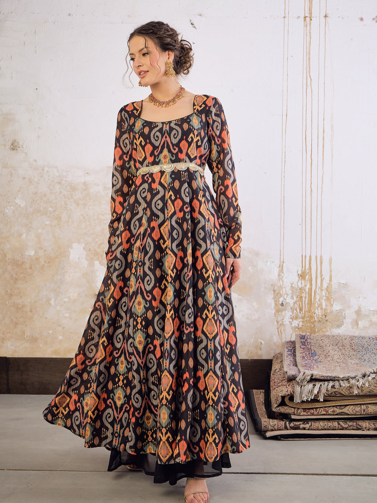 Black Ikkat Poly Muslin Anarkali Kurta -Shae by SASSAFRAS