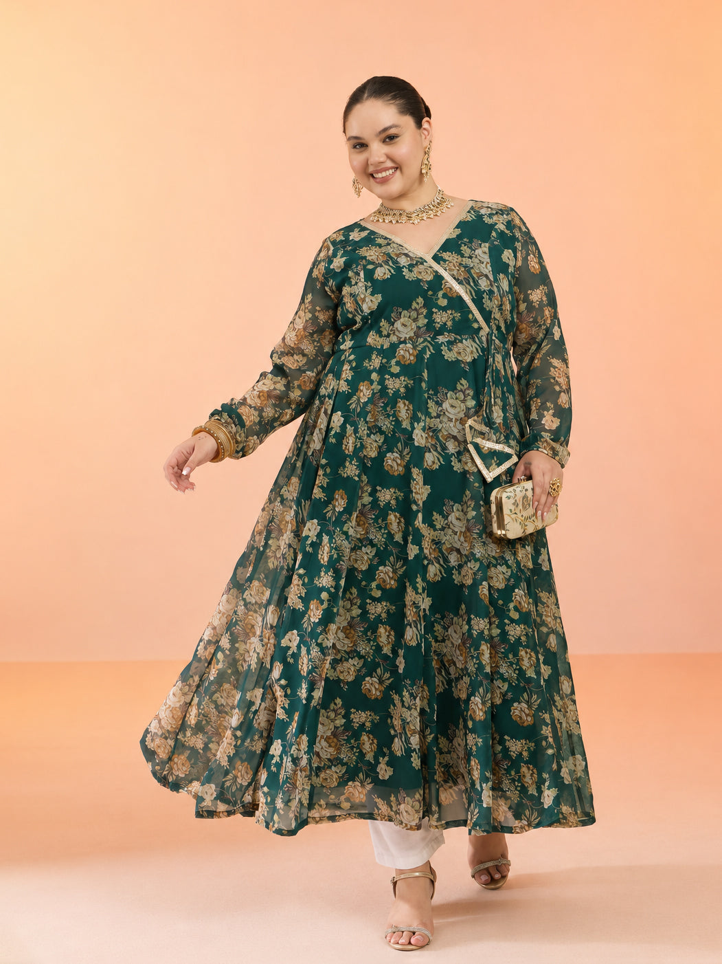Green Floral Wrap Anarkali Kurta-Shae by SASSAFRAS