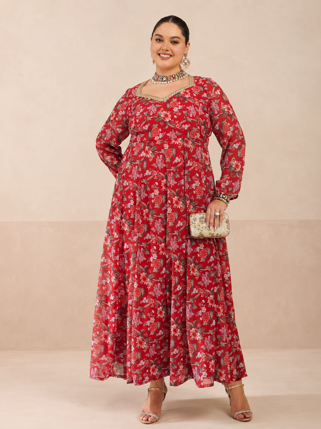 Red Floral Full Sleeves Sweetheart Neck Anarkali Kurta -Shae by SASSAFRAS