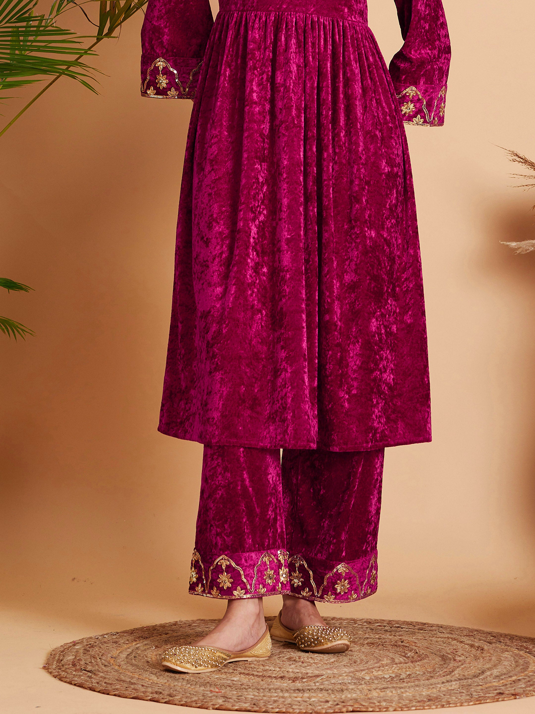 Women Fuchsia Velvet Embroidered Dress With Pants at Rs 2009.00, New  Delhi