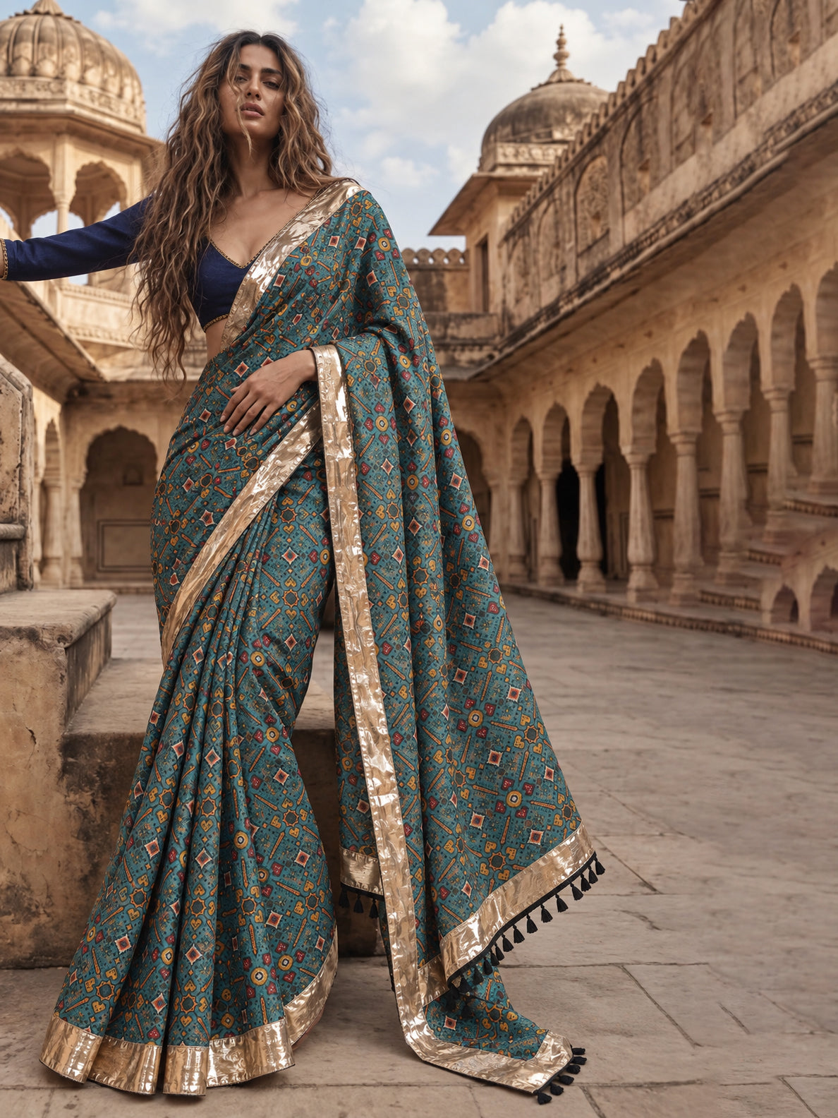 Teal Patola Saree With Navy Unstitched Blouse-Shae by SASSAFRAS